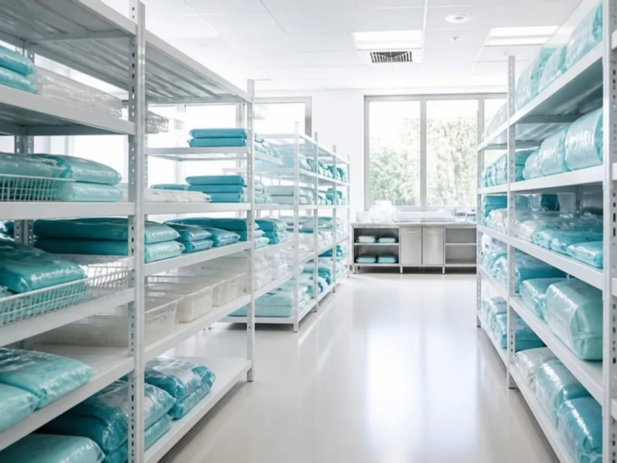 Bodega hospitalaria con insumos estériles ordenados en estanterías